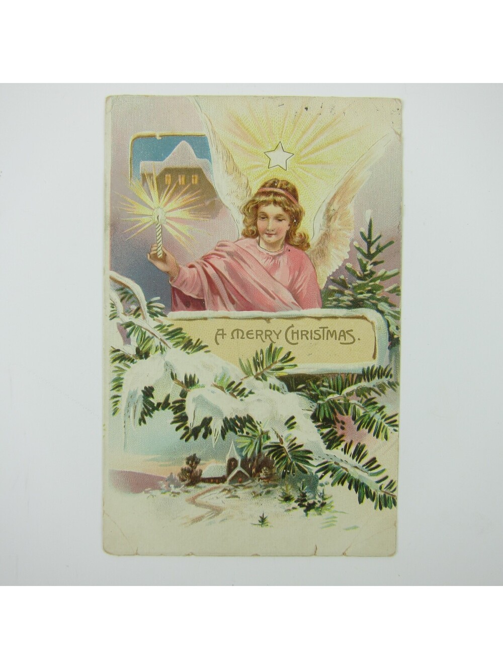 Christmas Postcard Angel Candle Snowy Tree Tuck Series 102 Embossed Antique